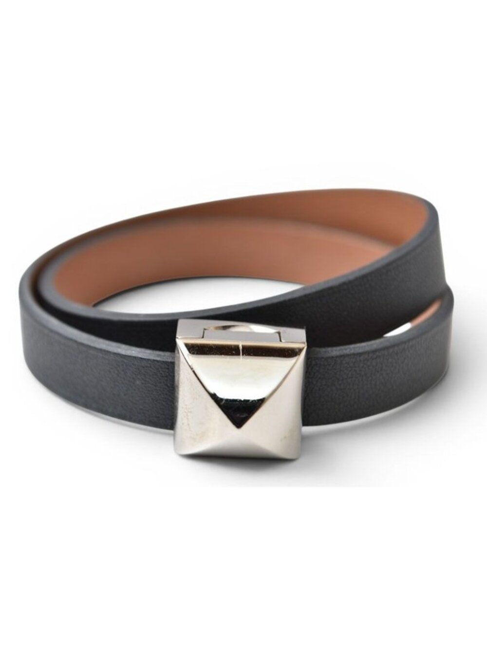 Hermes Bracelet Bangle Medallion Infini Double Tour T2 Black Silver Leather